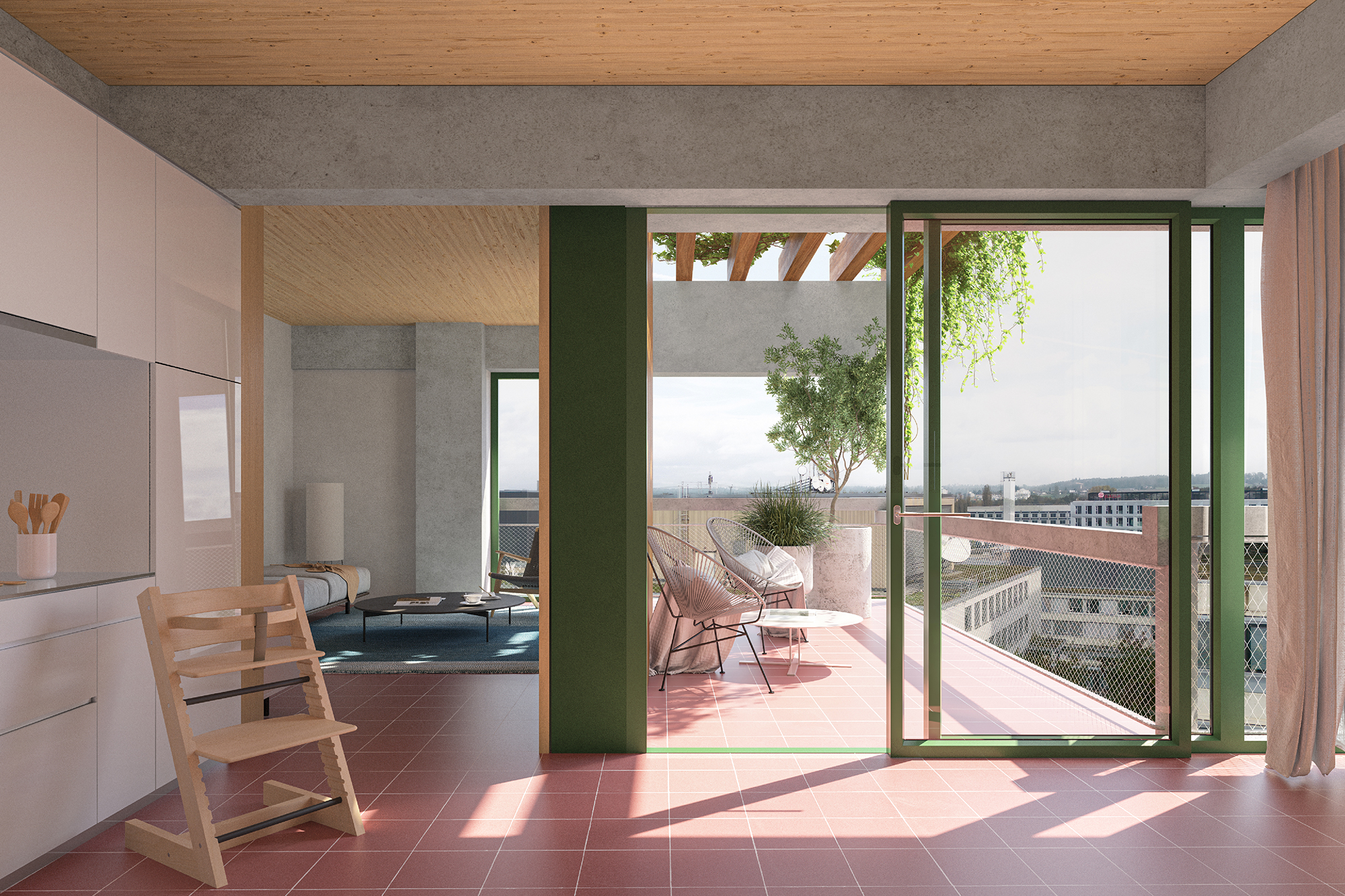 Visualisierung Wohnsiedlung Heidi Abel Siegerprojekt LE PETIT PRINCE ‒ Wohnung mit Blick auf Balkon (Visualisierung: indievisual)